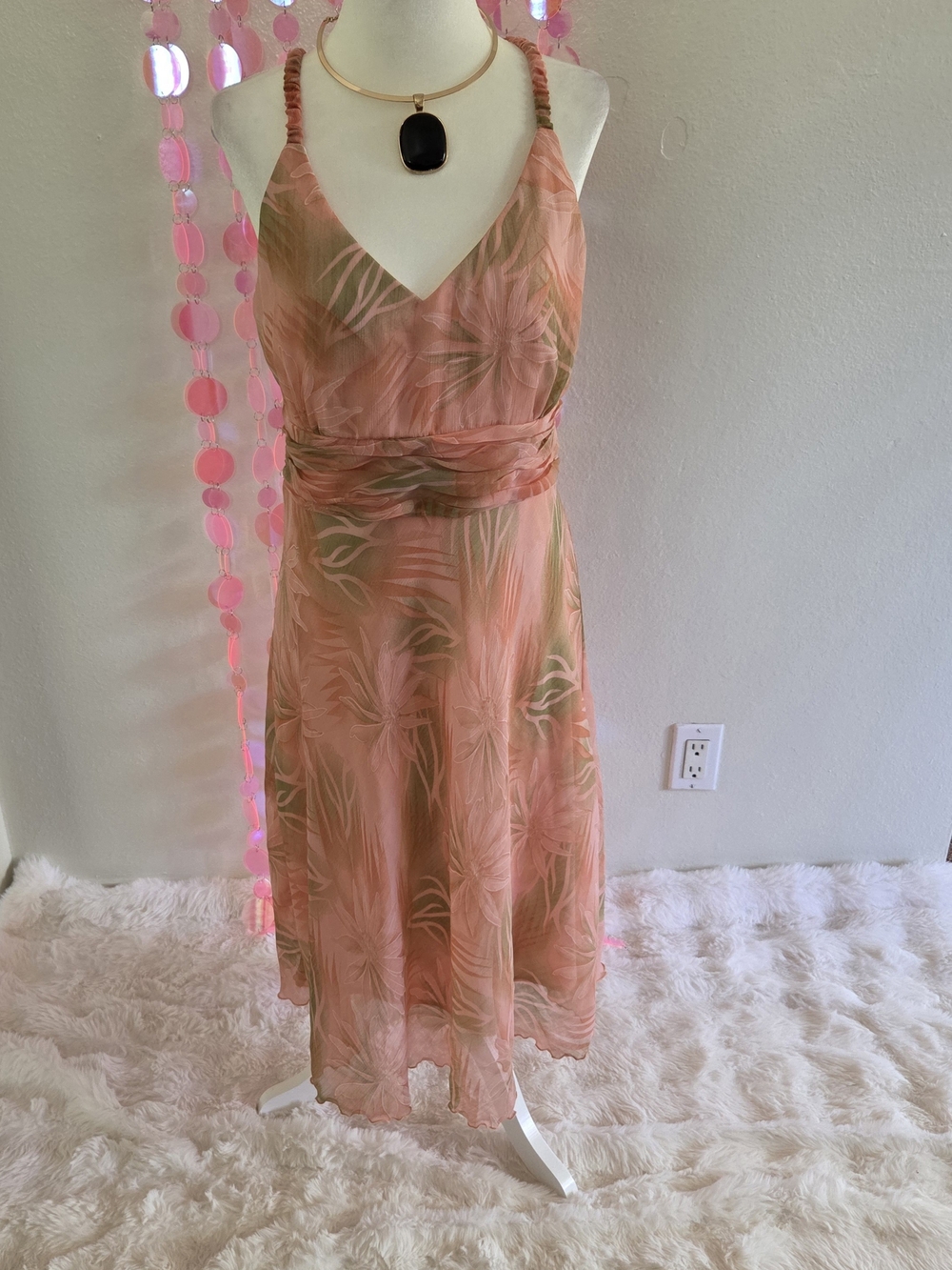 Studio 1940 Peach and Green Palm-Print Midi Dress